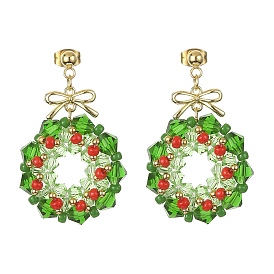 Glass Christmas Wreath Dangle Stud Earrings, 304 Stainless Steel Jewelry