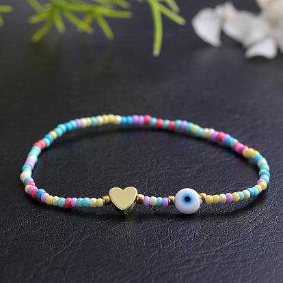 Браслеты-растяжки из стеклянных бусин макарон, лэмпворк сглаз и сердечки украшения для женщин