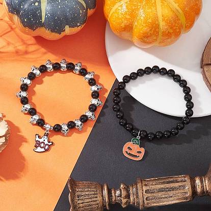 2шт. браслеты с подвесками из сплава и эмали на Хэллоуин, акриловые бусины растянуть браслеты, Сплав с европейскими бисера