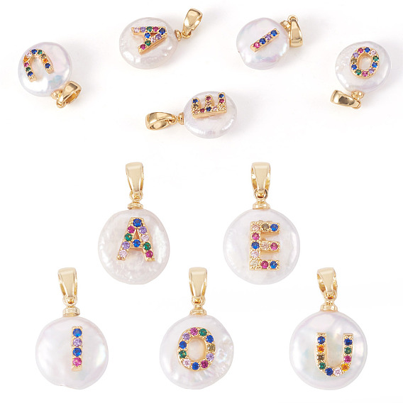 5шт 5 стили подвески из натурального культивированного пресноводного жемчуга, с микропаве из латуни и цветными кубическими цирконами, самородки с буквой, долговечный, золотые