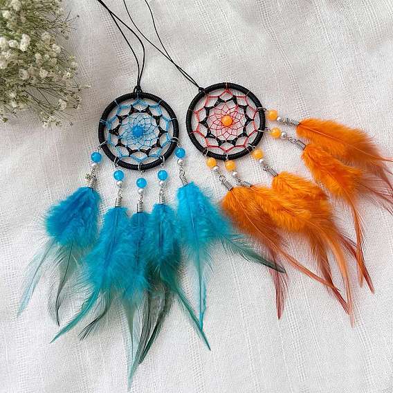 Тканая паутина/сетка с украшениями из перьев, с железным кольцом, для подвесных украшений автомобиля