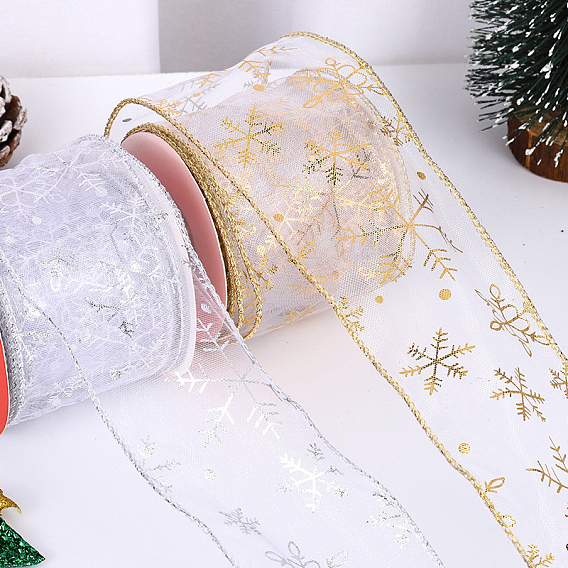 10 Yards Christmas Polyester Chiffon Ribbons, Hot Stamping Snowflake Lace Ribbon, for Gift Decoration, Bowknot Making