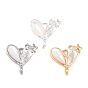Colgantes de conector de circonita cúbica transparente con pavé de latón, corazón con enlaces de estrellas, con cáscara natural, chapado en rack, larga duración plateado