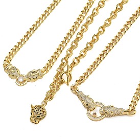 Brass Micro Pave Cubic Zirconia Leopard Pendant Necklaces, Real 18K Gold Plated