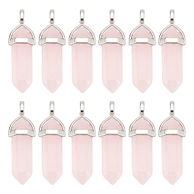 12Pcs Natural Rose Quartz Double Terminated Pointed Pendants, with Platinum Random Brass Pendant Hexagon Bead Cap Bails, Bullet