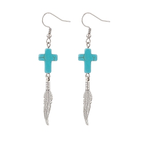 Synthetic Turquoise Cross with Alloy Feather Dangle Earrings, 316 Stainless Steel Long Drop Earrings for Woman