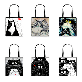 Cartoon Cat Printed Polyester Canvas Women's Tote Bags, with Handle, Shoulder Bags for Shopping, Rectangle