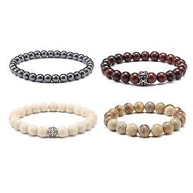 Stress Relief Reiki Stretch Bracelets Set for Men Women, Natural Picture Jasper & Non-Magnetic Synthetic Hematite & Natural Wood & Natural Fossil Beads Bracelets