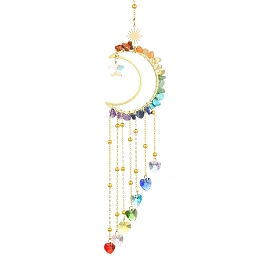 Heart Glass Pendant Decoration, Hanging Suncatchers, with Ring 304 Stainless Steel Finding, Brass Finding & Chakra Gemstone Chip Beads