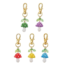 Handmade Glass Seed Mushroom with Acrylic Leaf Pendant Decorations, Alloy Swivel Lobster Claw Clasps Charms for Bag Ornaments