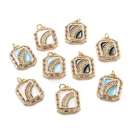 Real 18K Gold Plated Brass Micro Pave Colorful Cubic Zirconia Pendants, with Enamel and Jump Rings, Octagon with Rainbow