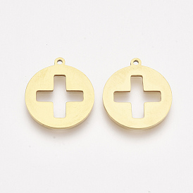 201 Stainless Steel Pendants, Laser Cut Pendants, Flat Round with Cross