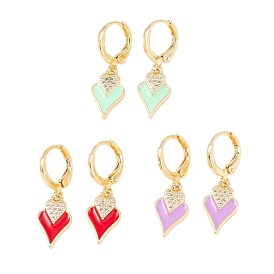 Enamel Double Heart Dangle Leverback Earrings with Clear Cubic Zirconia, Real 18K Gold Plated Brass Drop Earrings, Lead Free & Cadmium Free