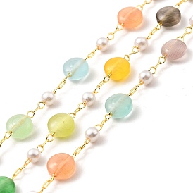 Colorful Cat Eye Flat Round & Glass Pearl Beaded Chains, with Brass Cable Chain, Lead Free & Cadmium Free, Unwelded, with Spool