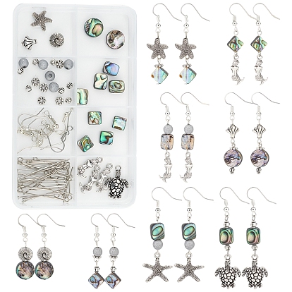DIY Ocean Theme Drop Earring Making Kit, Including Abalone Shell/Paua Shell Beads, Alloy Pendants & Beads, Glass Beads, Brass Head Pins & Earring Hooks