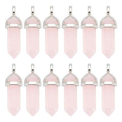 12Pcs Natural Rose Quartz Double Terminated Pointed Pendants, with Platinum Random Brass Pendant Hexagon Bead Cap Bails, Bullet