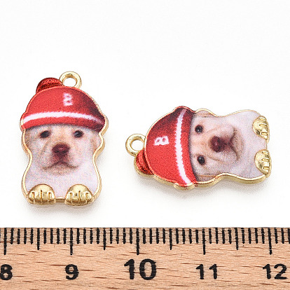 Printed Light Gold Tone Alloy Pendants,Carton Dog & Cat with Cap Charms