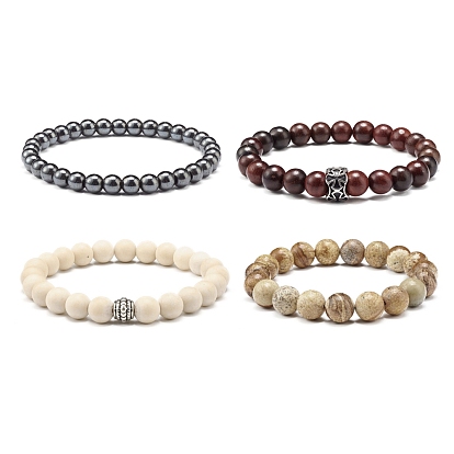 Stress Relief Reiki Stretch Bracelets Set for Men Women, Natural Picture Jasper & Non-Magnetic Synthetic Hematite & Natural Wood & Natural Fossil Beads Bracelets