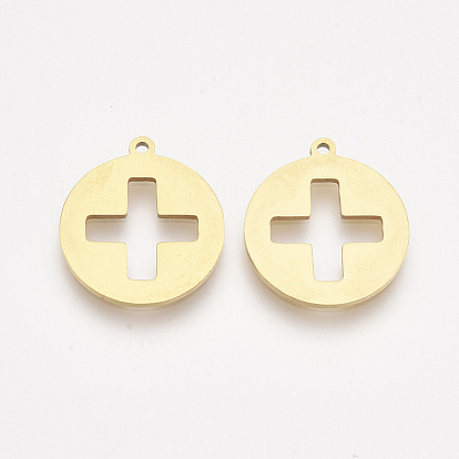 201 Stainless Steel Pendants, Laser Cut Pendants, Flat Round with Cross