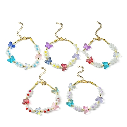 Flower & Butterfly Glass Beaded Bracelet with 304 Stainless Steel Clasps