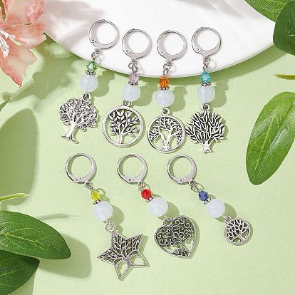 Tibetan Style Alloy Pendant Decorations, with Bicone Glass Beads and 304 Stainless Steel Leverback Earring Findings, Star/Heart/Flat Round with Tree of Life