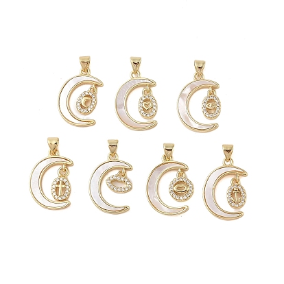Brass Micro Pave Clear Cubic Zirconia Pendants, with Shell, Cadmium Free & Lead Free, Moon, Real 18K Gold Plated