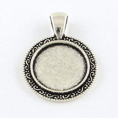 Tibetan Style Flat Round Alloy Pendant Cabochon Settings, Cadmium Free & Lead Free, Tray: 18mm, 34x25x2.5mm, Hole: 7x4mm, about 246pcs/1000g