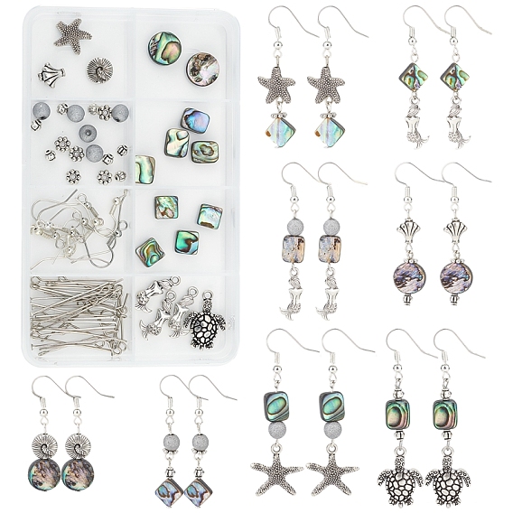 DIY Ocean Theme Drop Earring Making Kit, Including Abalone Shell/Paua Shell Beads, Alloy Pendants & Beads, Glass Beads, Brass Head Pins & Earring Hooks