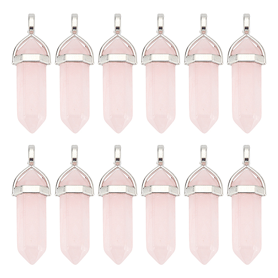 12Pcs Natural Rose Quartz Double Terminated Pointed Pendants, with Platinum Random Brass Pendant Hexagon Bead Cap Bails, Bullet