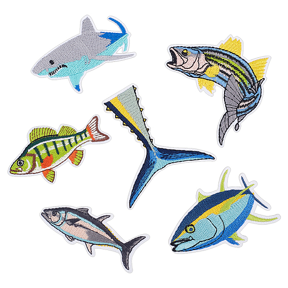 6шт. 6 стили нетканые материалы и полиэстеровая нить компьютерная вышивка нашивки, пришивные/приклеиваемые утюгом, аппликации из синели, рыба
