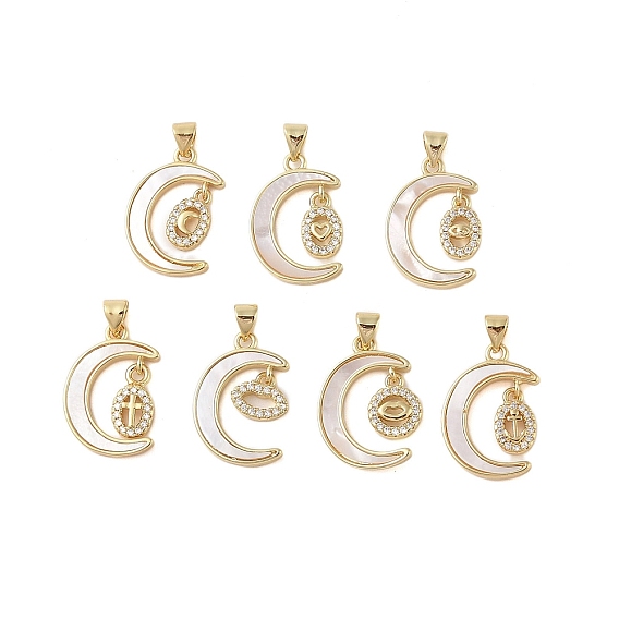 Brass Micro Pave Clear Cubic Zirconia Pendants, with Shell, Cadmium Free & Lead Free, Moon, Real 18K Gold Plated