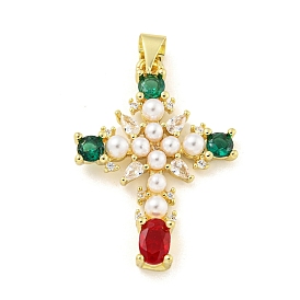 Rack Plated Brass Pendant, Cubic Zirconia and ABS Pearl, Lead Free & Cadmium Free, Long-Lasting Plated, Cross