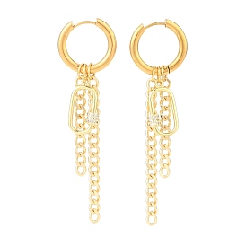 304 pendientes de aro de acero inoxidable huggie, Pendientes de borla cadena, con micro pavé de latón, colgantes ovalados de circonita cúbica y cadenas de bordillo de latón