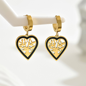 Stainless Steel & Shell Inlaid Hollow Heart with Tree Vintage Lady Hoop Earrings