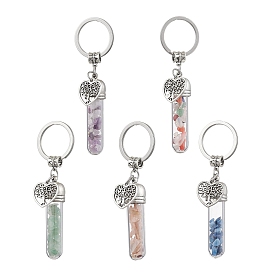 Wishing Glass Bottle Pendants Keychain, with Gemstone Chip Beads