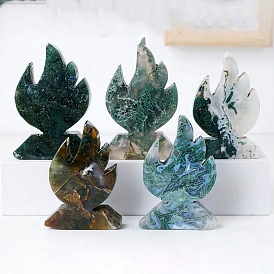 Natural Moss Agate Carved Flame Shape Figurines, for Home Office Desktop Decoration