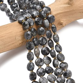 Натуральные нити бус из ларвикита, с бисером, граненые, плоско-круглые