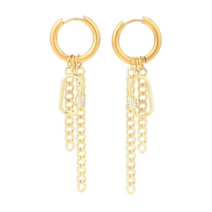 304 pendientes de aro de acero inoxidable huggie, Pendientes de borla cadena, con micro pavé de latón, colgantes ovalados de circonita cúbica y cadenas de bordillo de latón