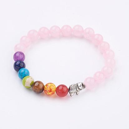 Natural Gemstone Stretch Bracelets, Chakra Bracelets, with Alloy Findings and Gemstone Beads, Antique Silver, Round and Elephant