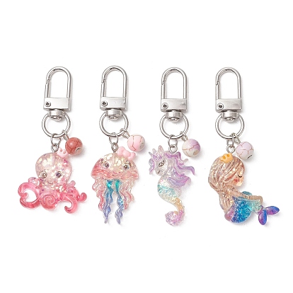 Serie océano 8 piezas 4 estilos de colgantes decorativos de turquesa sintética y resina, con broches de aleación giratorias, formas mixtas