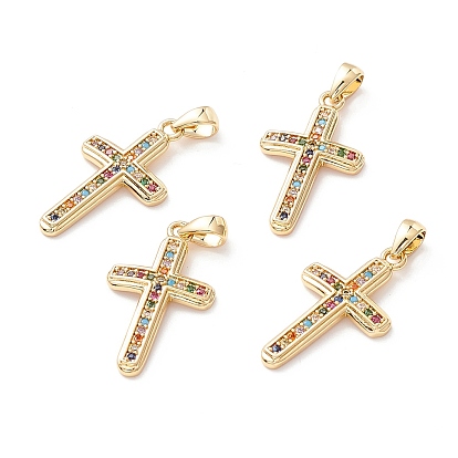 Латунные микро-паве красочные кубические циркониевые подвески, долговечный, без свинца, без кадмии и без никеля, крестик