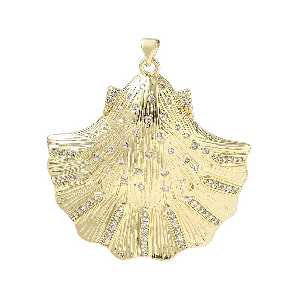 Brass Micro Pave Clear Cubic Zirconia Pendants, Shell Shape Charms, Long-Lasting Plated, Rack Plating, Lead Free & Cadmium Free