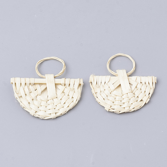 Handmade Reed Cane/Rattan Woven Pendants, For Making Straw Earrings and Necklaces, Bleach, Fan