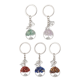 5Pcs 5 Styles Tree of Life Natural Amethyst & Tiger Eye & Red Jasper & Lapis Lazuli & Green Aventurine Pendant Keychains, with Alloy Lotus & Elephant and Iron Split Key Rings