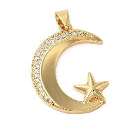 Rack Plating Brass Micro Pave Cubic Zirconia Pendants, Cadmium Free & Lead Free, Long-Lasting Plated, Moon & Star