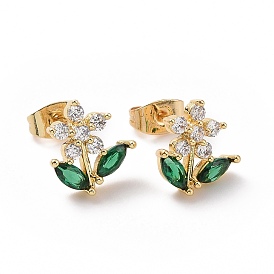 Green Cubic Zirconia Flower of Life Stud Earrings, Brass Jewelry for Women