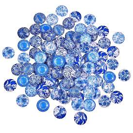 Blue and White Printed Glass Cabochons, Half Round/Dome