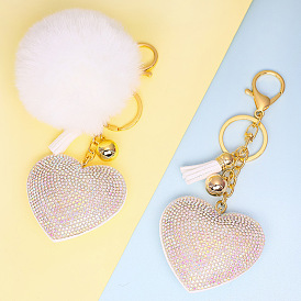 Love Heart Keychain with Fluffy Ball Pendant - Solid Color, Fashionable Bag Accessory.