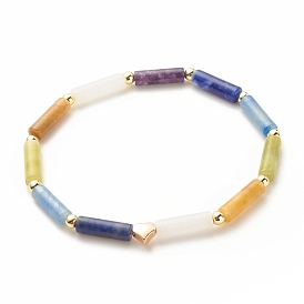 Natural Mixed Gemstone Curved Tube Chunky Stretch Bracelet with Brass Heart, Chakra Jewelry for Women