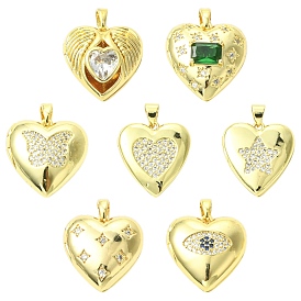 7шт. 7 стили латунные кулоны-медальоны с микропаве из прозрачного кубического циркония, сердце, золотые